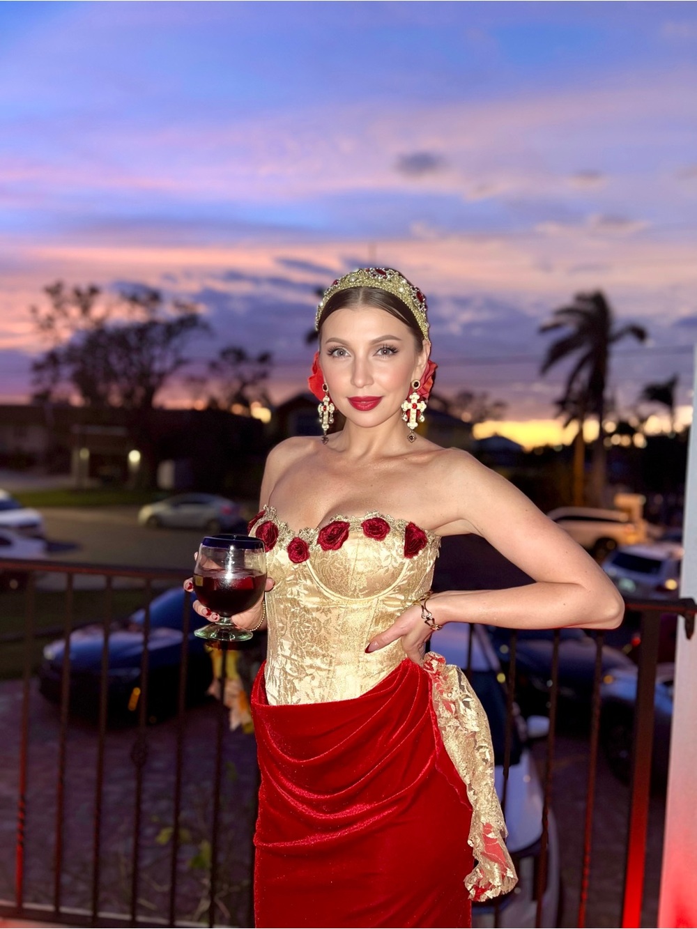 Red and Gold Floral-Trim Maxi Dress - Picture 3 of 10